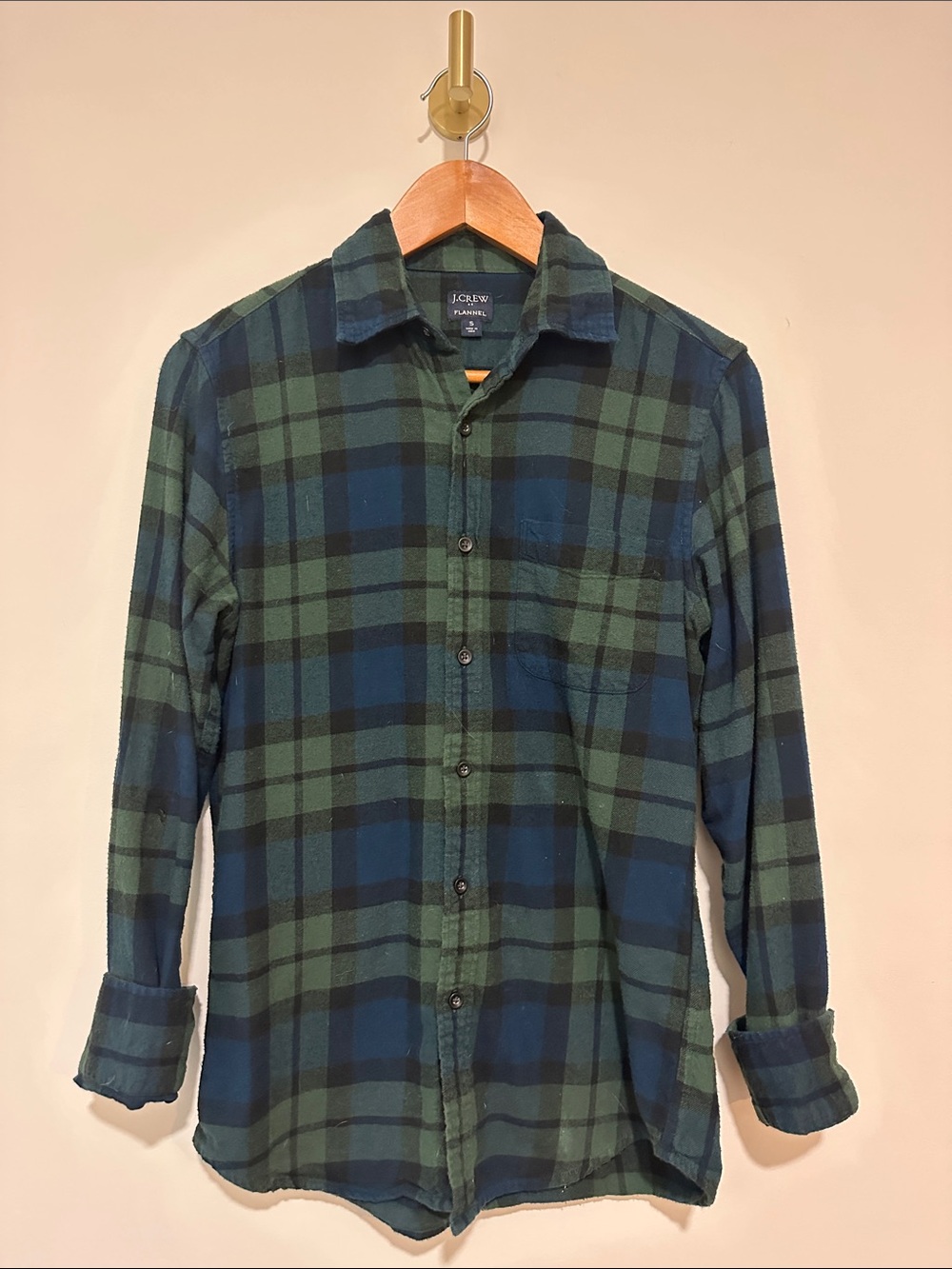 J. Crew Flannel Green and Navy Plaid Button-Down Shirt